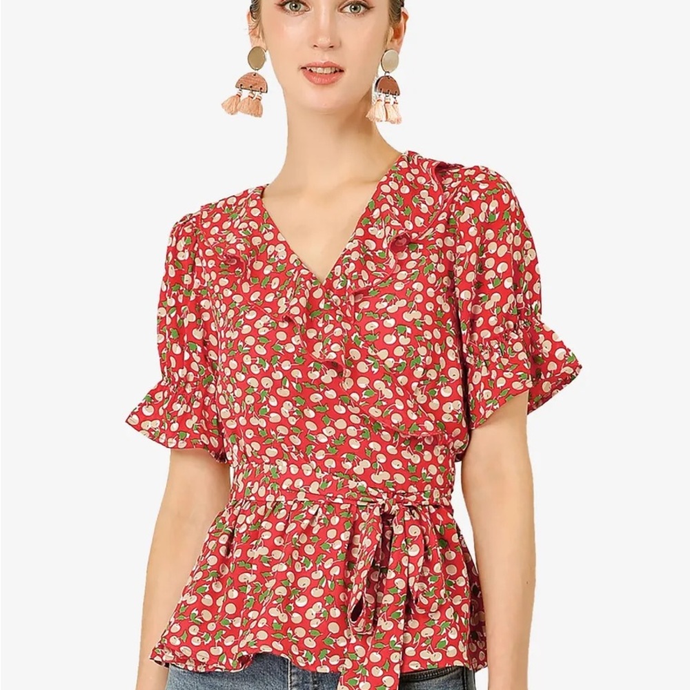 Allegra K 🍒 Red Flutter Sleeve Peplum Blouse
